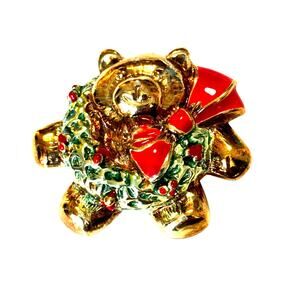 Vintage 1980's Christmas Teddy Bear Brooch goldtone in red & green enamel finish